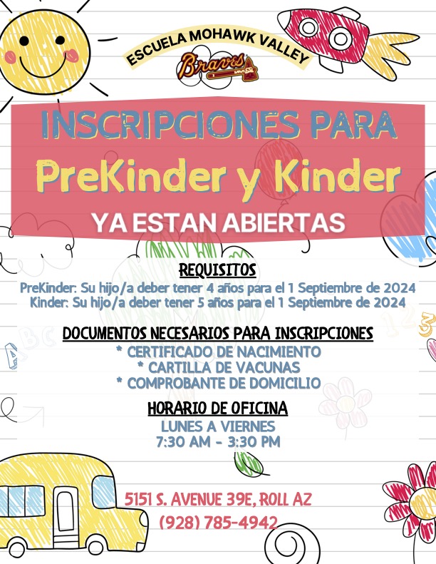 Pre-Kindergarten and kindergarten registration flyer in Spanish