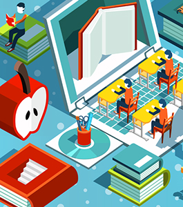 Oversized apple, stacked books, open books and students in class cartoon